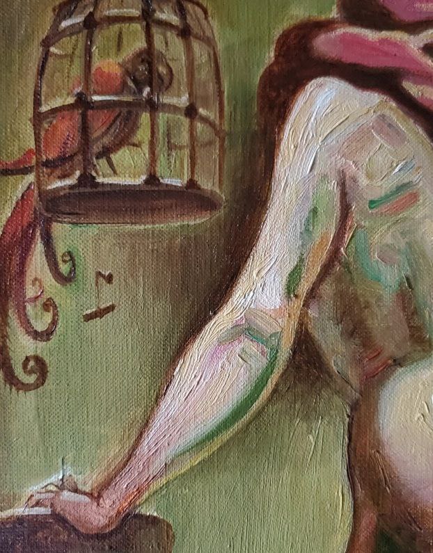 Oil painting of red bird in painted cage by Litvinov Daniil Olegovich