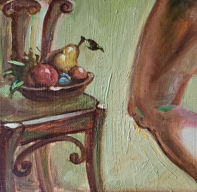 Oil painting by Litvinov Daniil Olegovich of rustic bowl with pears, apples, blueberries