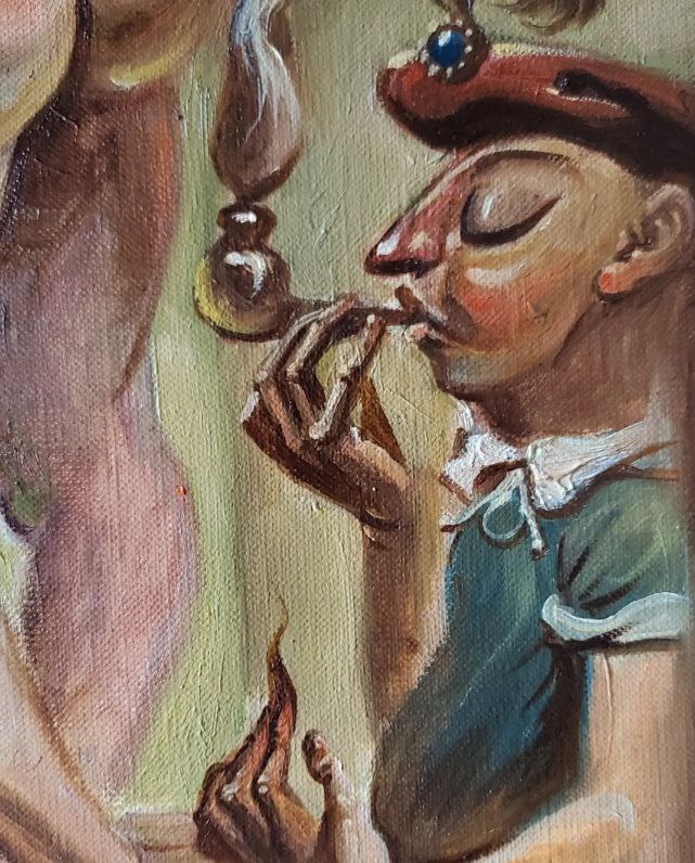 Oil painting by Litvinov Daniil Olegovich of man in red beret blowing smoke