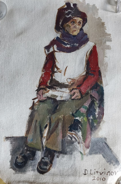 Oil painting of seated figure in hat by Litvinov Daniil Olegovich