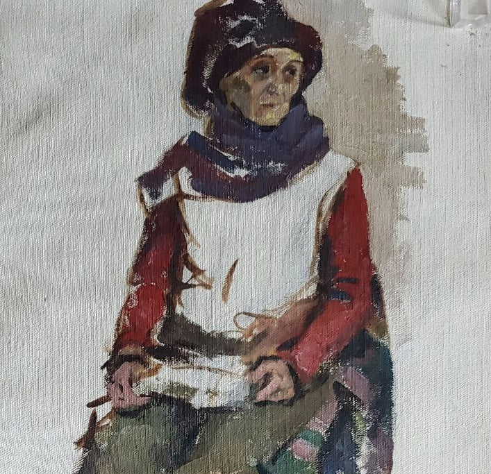 Oil painting Loneliness by Litvinov Daniil Olegovich: textured canvas of woman in dark hat