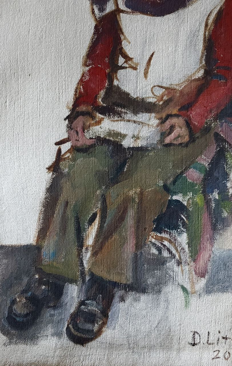 Oil painting Loneliness by Litvinov Daniil Olegovich: childs legs in green pants