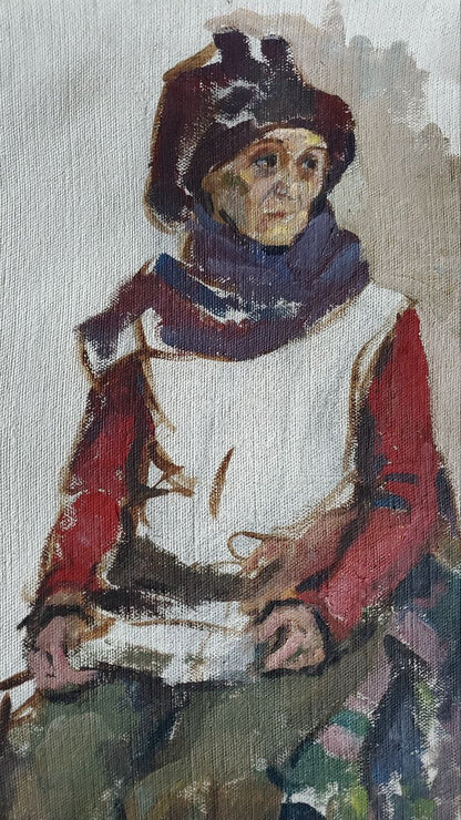 Oil painting Loneliness by Litvinov Daniil Olegovich, woman in red hat and scarf