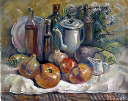Oil painting still life with silver teapot by Litvinov Daniil Olegovich
