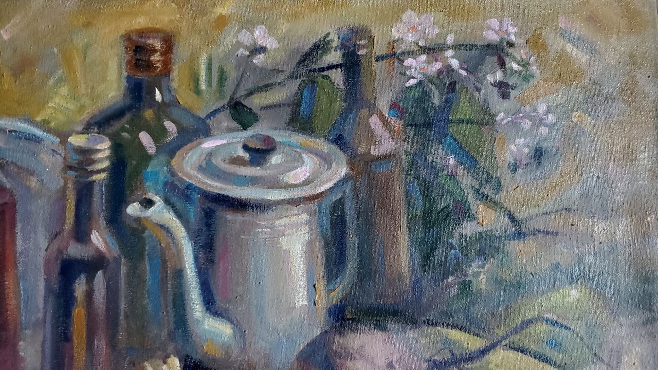Silver teapot in oil painting Still life with tomatoes by Litvinov Daniil Olegovich