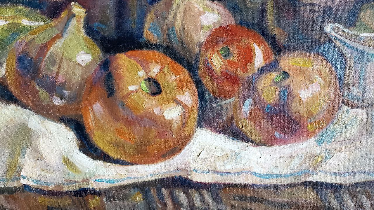 Oil painting of ripe tomatoes on white cloth by Litvinov Daniil Olegovich