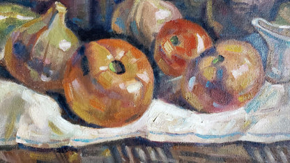 Oil painting of ripe tomatoes on white cloth by Litvinov Daniil Olegovich