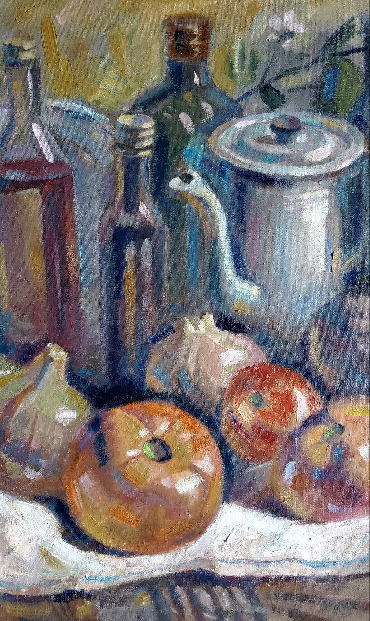 Impressionistic oil painting by Litvinov Daniil Olegovich: silver teapot, bottles, onions