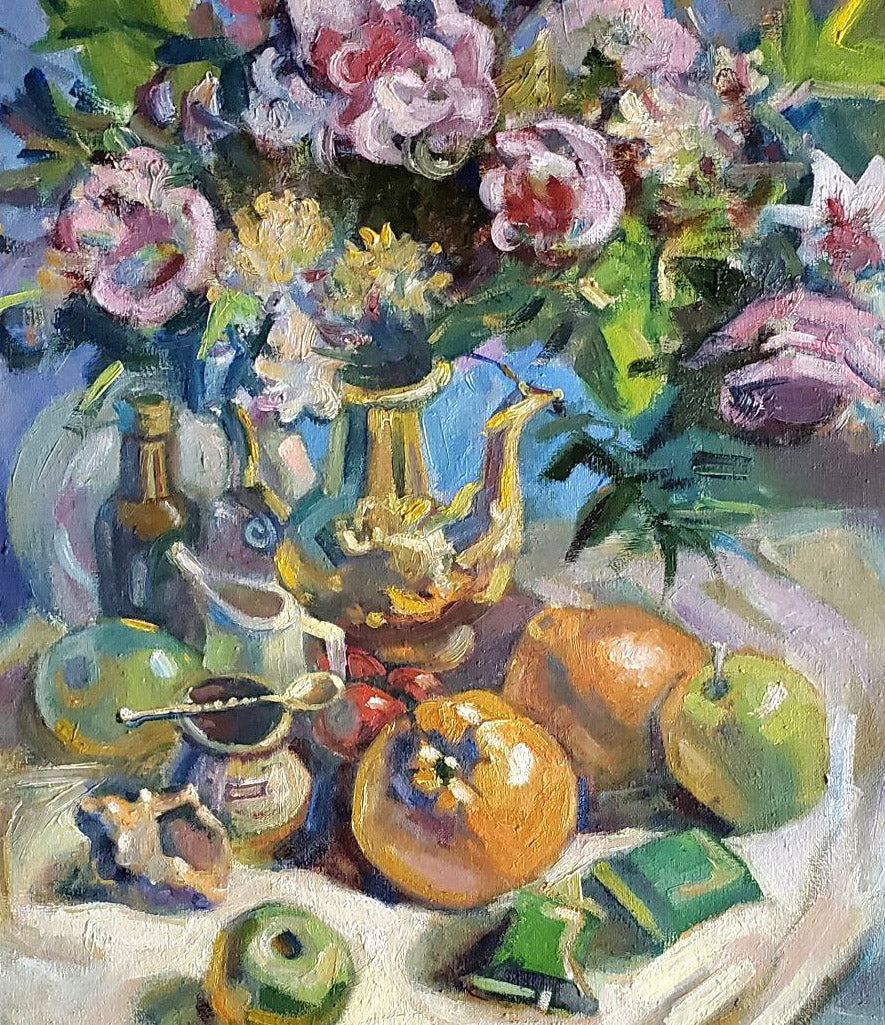 Oil painting of ornate golden teapot in still life with candies by Litvinov Daniil Olegovich
