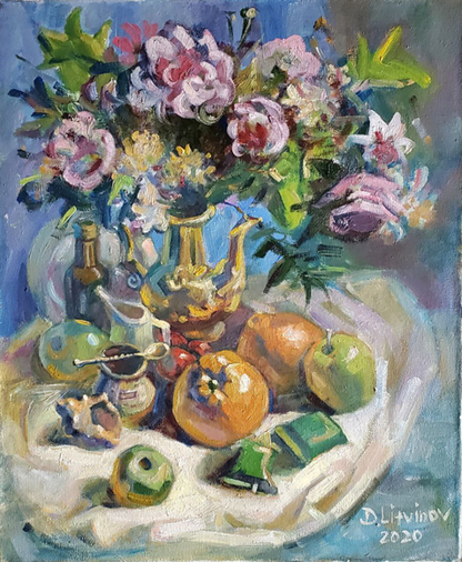 Oil painting of peonies in golden teapot by Litvinov Daniil Olegovich