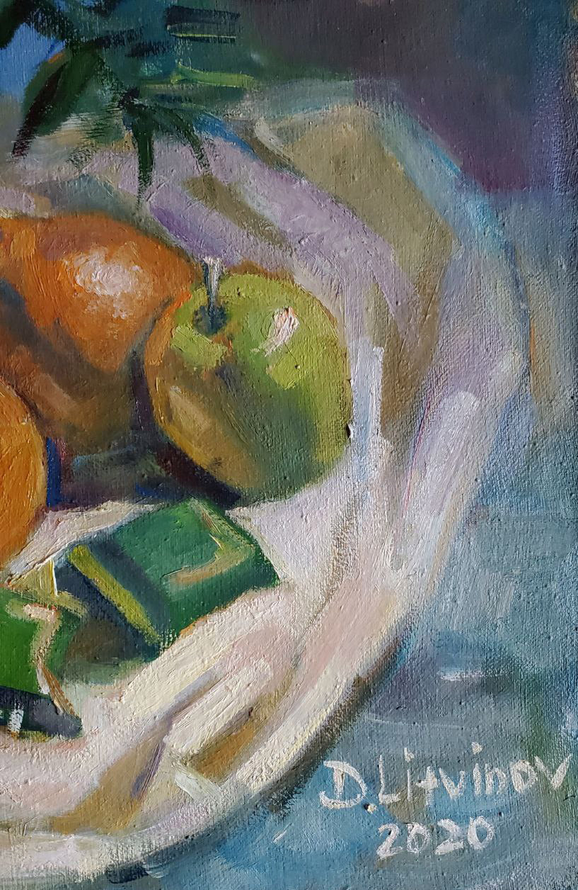Oil painting still life with green apple, oranges, book by Litvinov Daniil Olegovich