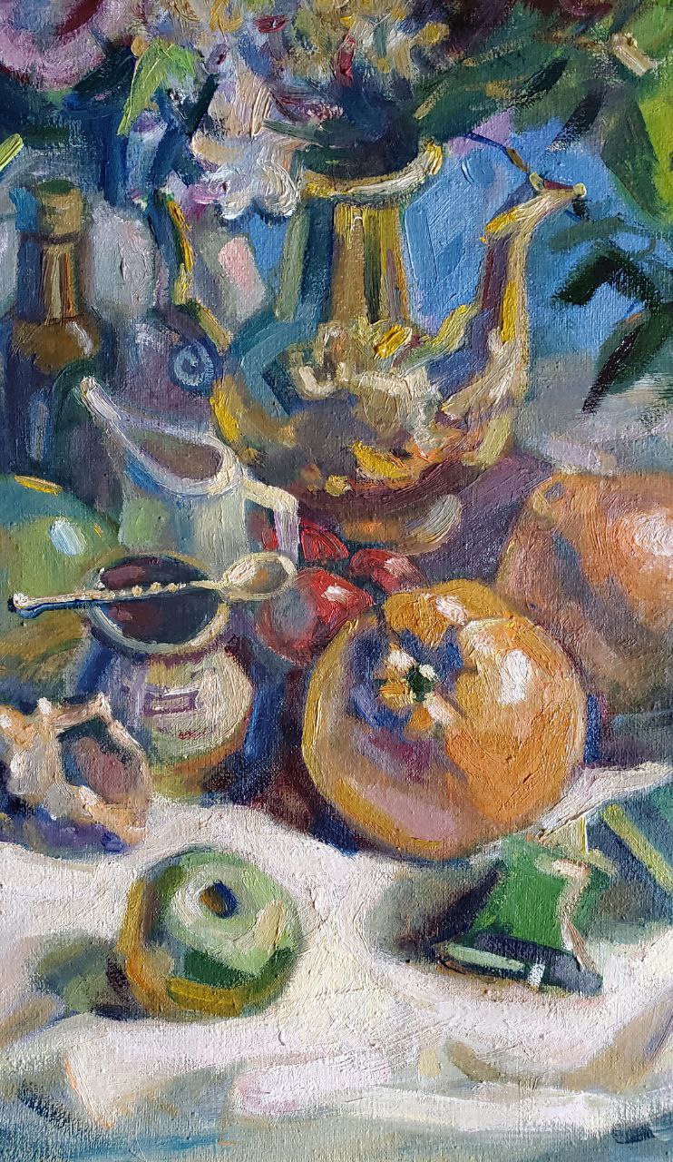 Oil painting of golden ornate teapot in still life with candies by Litvinov Daniil Olegovich