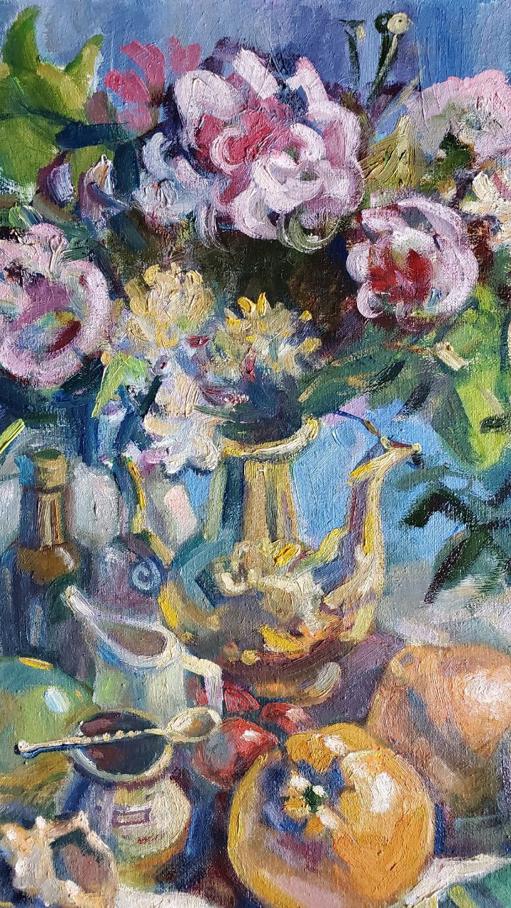 Oil painting by Litvinov Daniil Olegovich: ornate golden teapot amid flowers