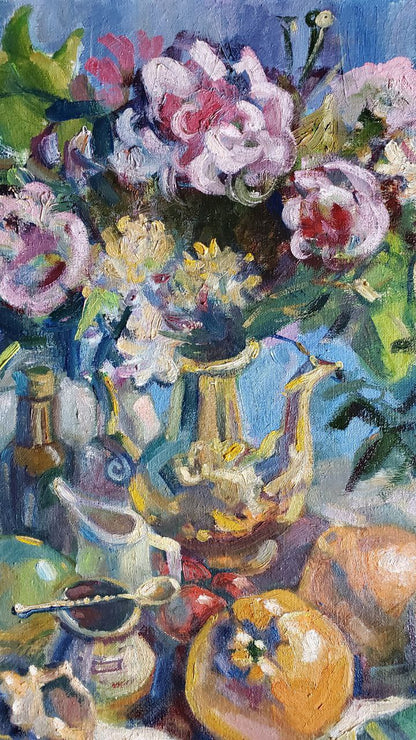 Oil painting by Litvinov Daniil Olegovich: ornate golden teapot amid flowers