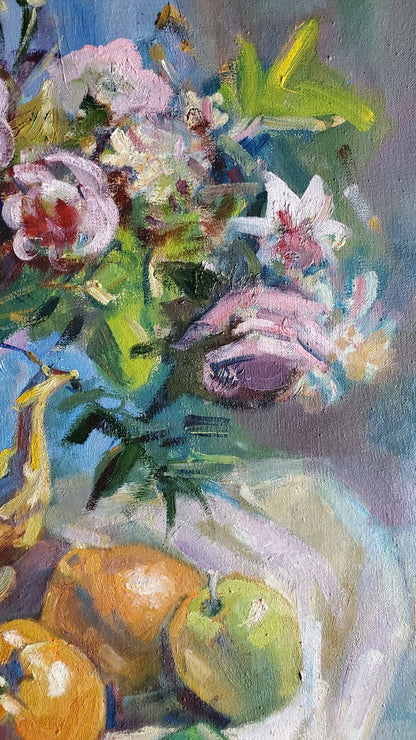 Vibrant impressionist oil painting by Litvinov Daniil Olegovich: floral still life with candies