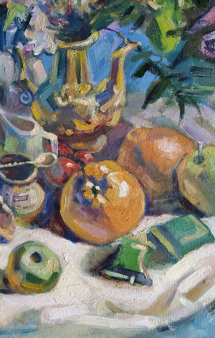 Oil painting by Litvinov Daniil Olegovich: ornate golden teapot with fruits