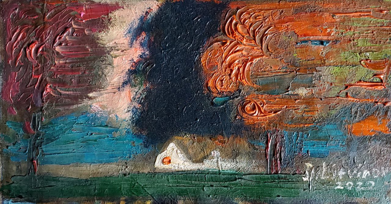 Oil painting Autumn Litvinov by Daniil Olegovich, abstract red orange teal strokes