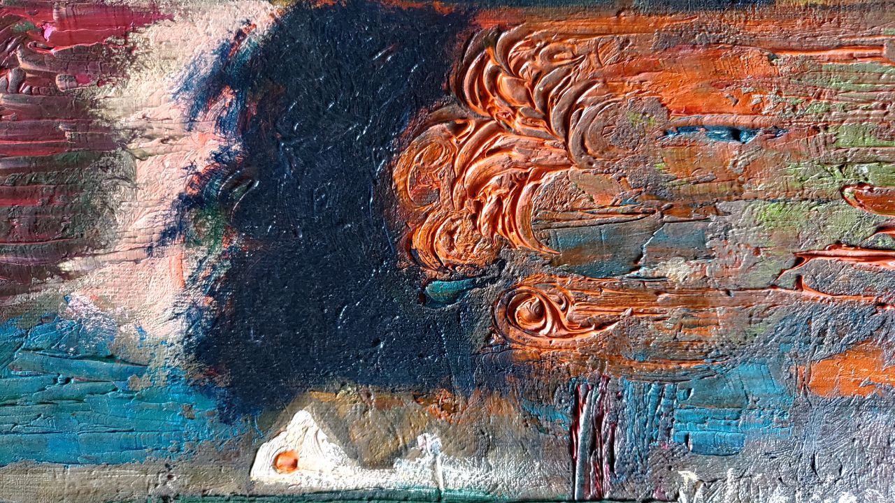 Oil painting Autumn Litvinov by Daniil Olegovich, textured navy orange teal abstract