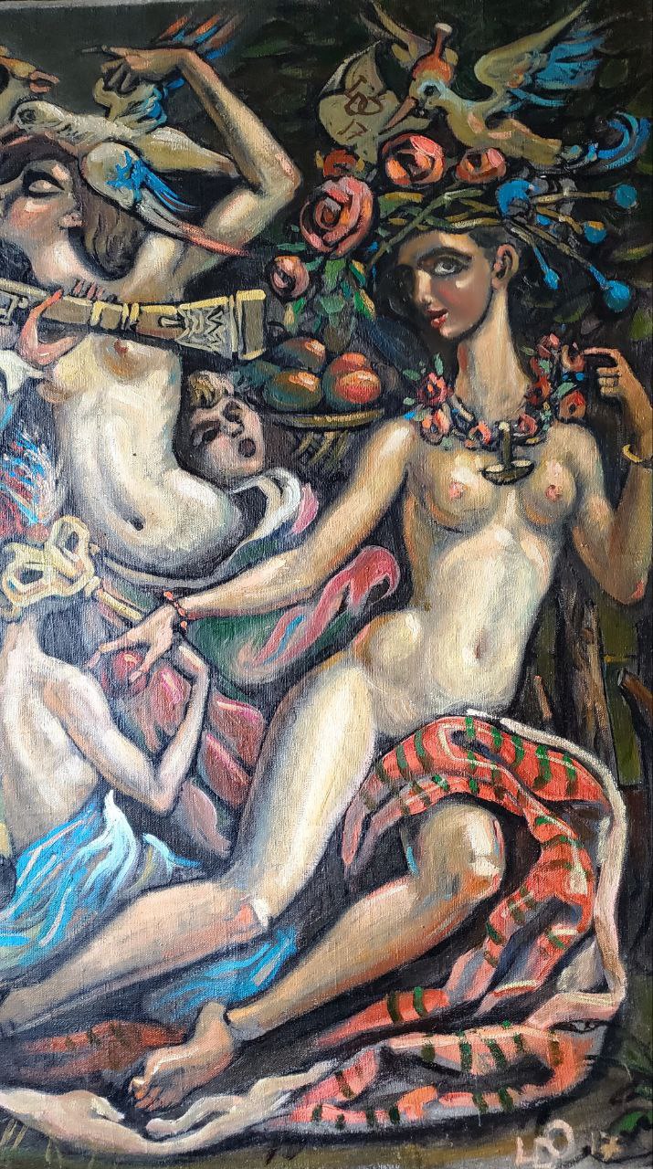 Oil painting Cossack’s dream by Litvinov Daniil Olegovich: abstract nude female with floral ornaments