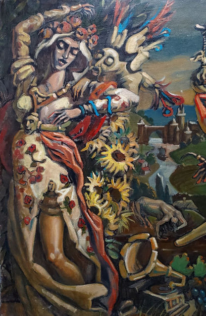 Vibrant oil painting Cossacks dream by Litvinov Daniil Olegovich, woman in ornate floral gown