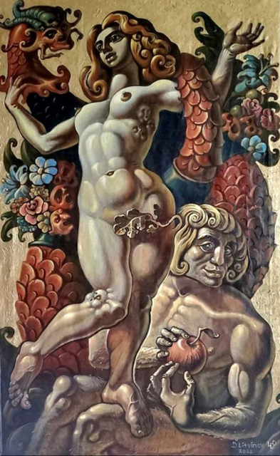 Surreal nude female with red hair, dragon wings in oil painting by Litvinov Daniil Olegovich