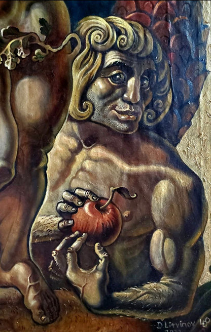 Oil painting of muscular curly-haired Adam holding apple by Litvinov Daniil Olegovich