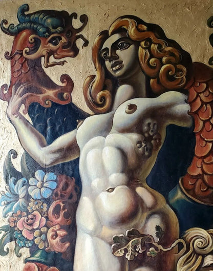 Oil painting Adam and Eve by Litvinov Daniil Olegovich: nude muscular woman with dragons
