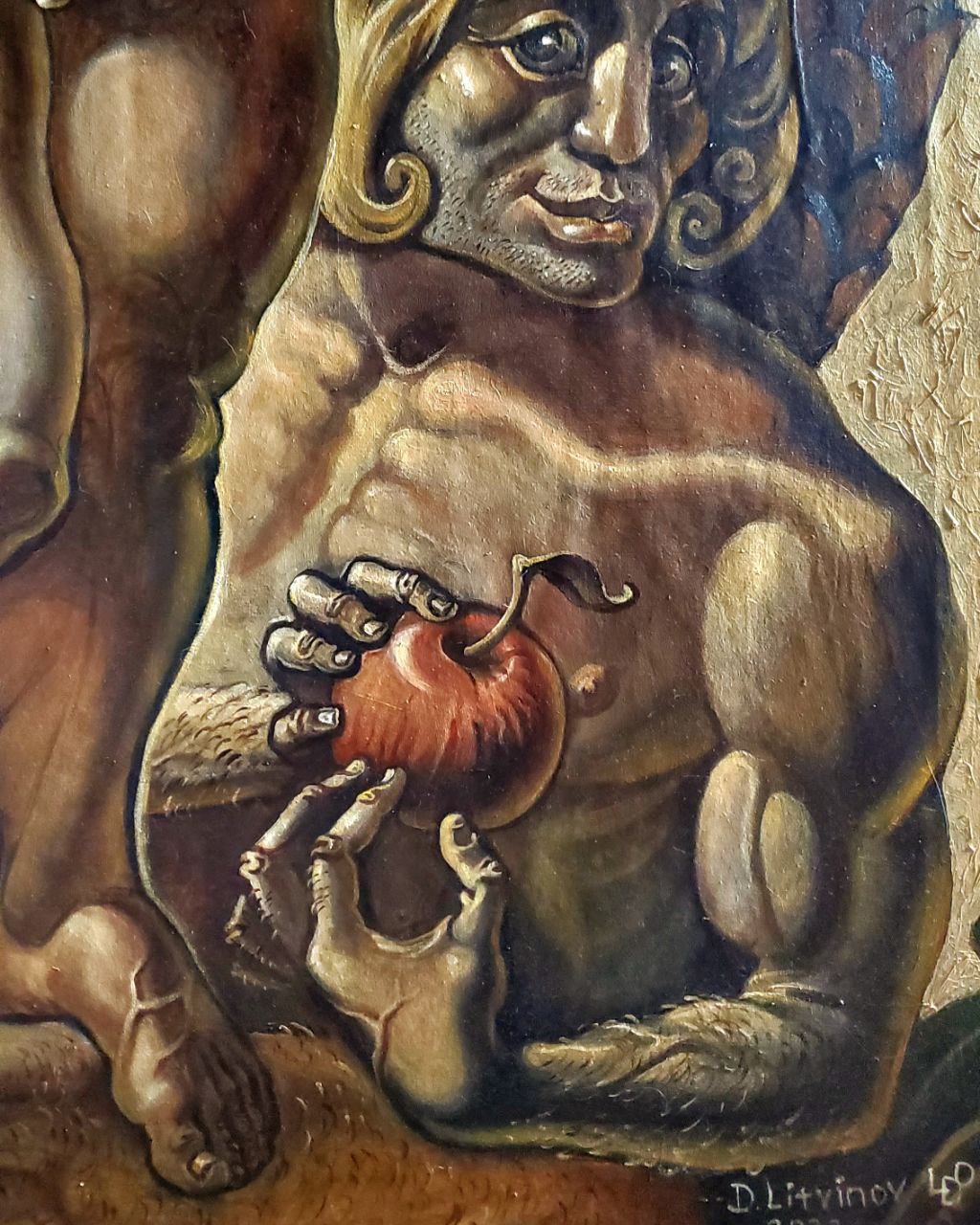 Oil painting of muscular bearded Adam holding apple by Litvinov Daniil Olegovich
