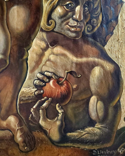 Oil painting of muscular bearded Adam holding apple by Litvinov Daniil Olegovich