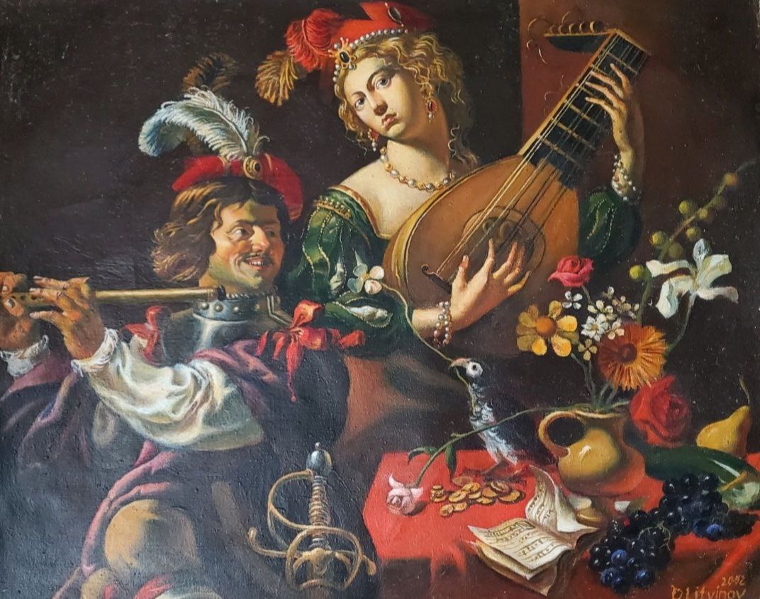 Oil painting by Litvinov Daniil Olegovich: woman with lute in green gold attire