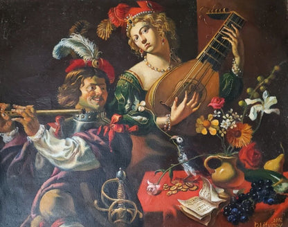 Oil painting by Litvinov Daniil Olegovich: woman with lute in green gold attire