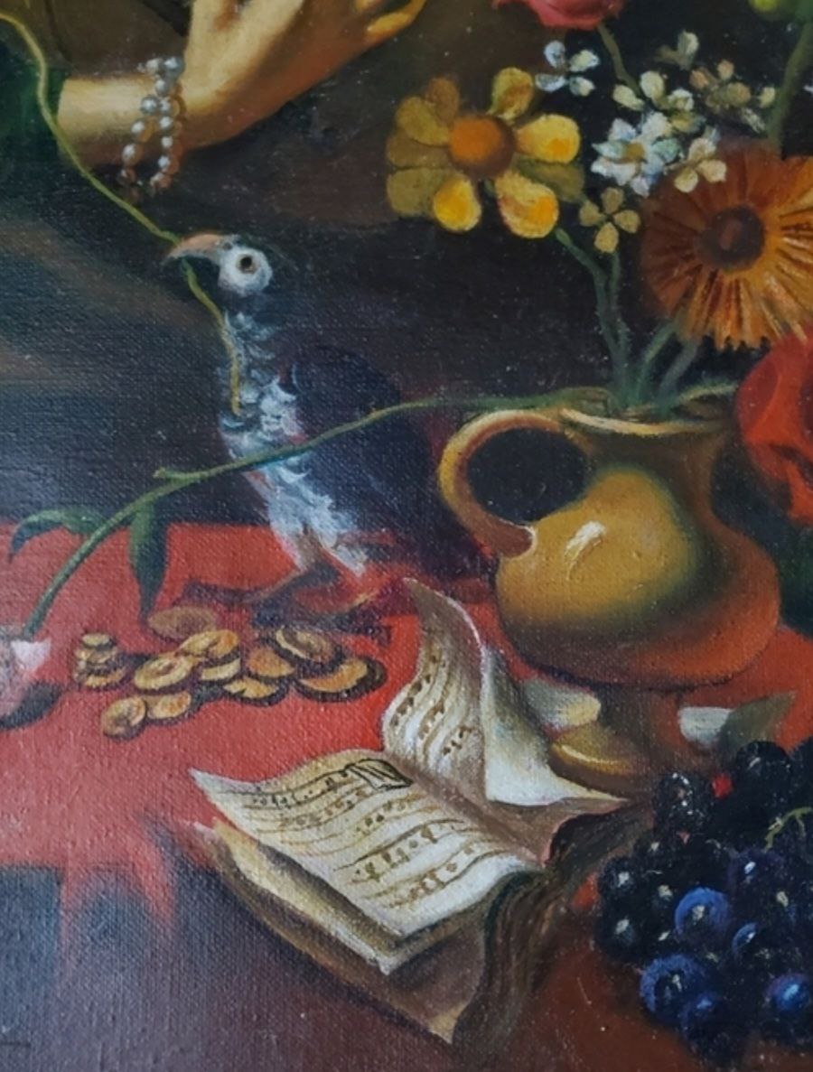 Dark blue white-speckled bird on green stem in Litvinov Daniil Olegovich oil painting
