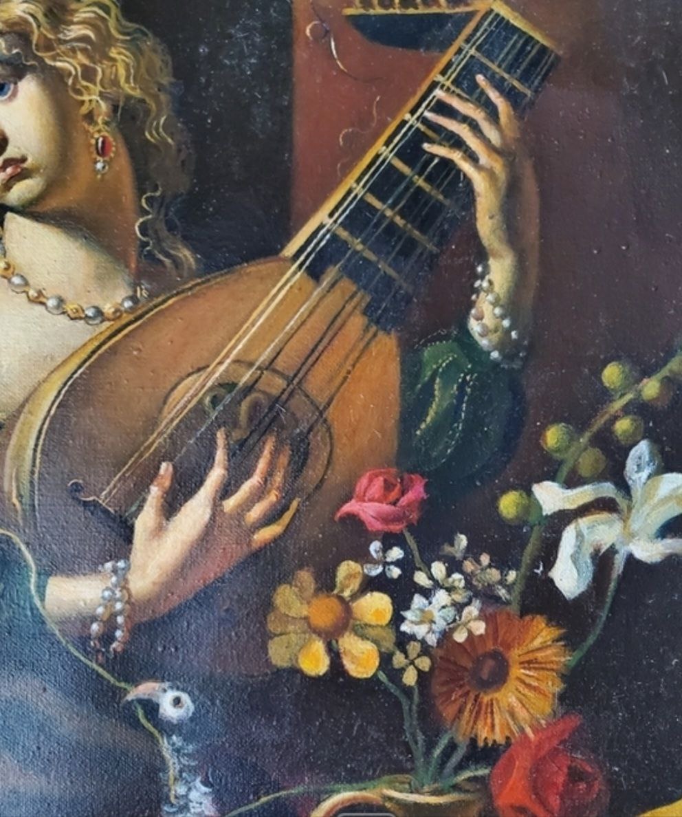 Oil painting by Litvinov Daniil Olegovich: woman with curly blonde hair holds ornate lute