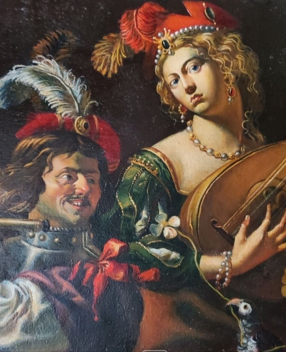 Oil painting by Litvinov Daniil Olegovich: woman in green gold gown with lute