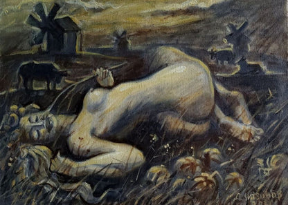 Nude figure in pumpkin field, oil painting Sunset in the Steppe by Litvinov Daniil Olegovich
