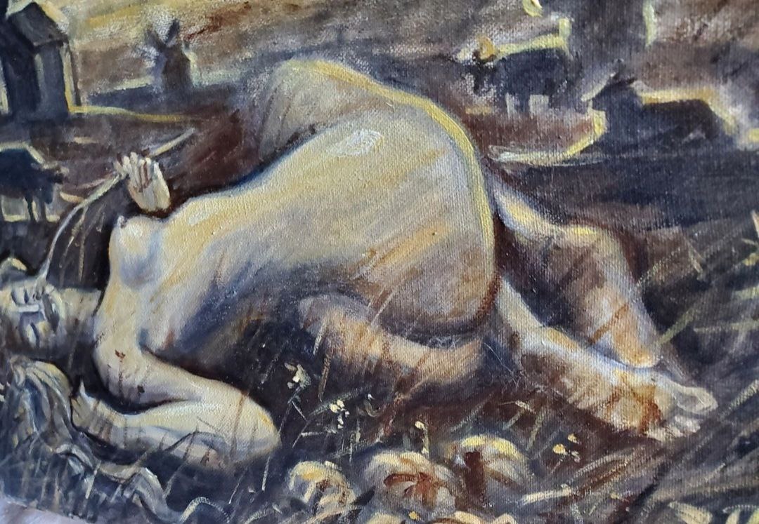 Oil painting Sunset in the steppe by Litvinov Daniil Olegovich, nude figure in beige-gray tones