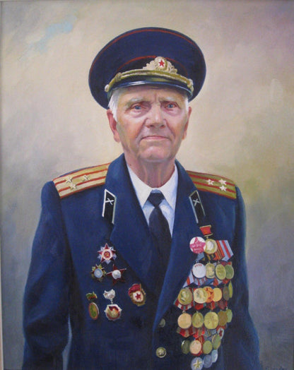 Custom portrait of elderly man in blue military uniform with gold epaulets and medals by Super Professional Artist