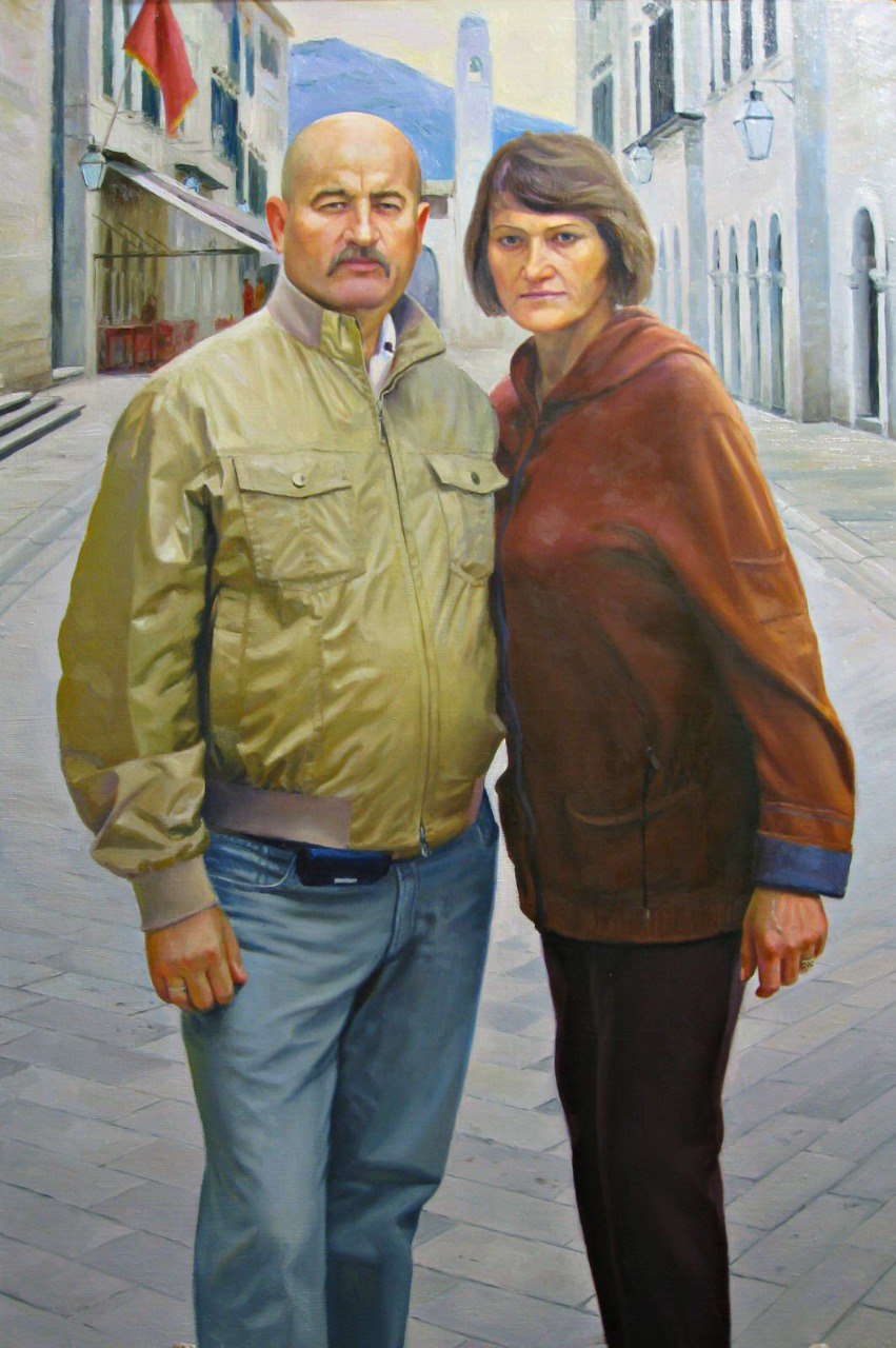 Custom portrait oil painting of couple in olive bomber jacket and suede coat