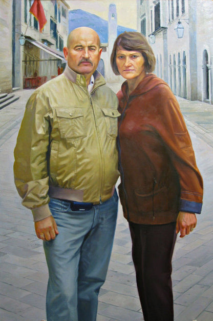 Custom portrait oil painting of couple in olive bomber jacket and suede coat