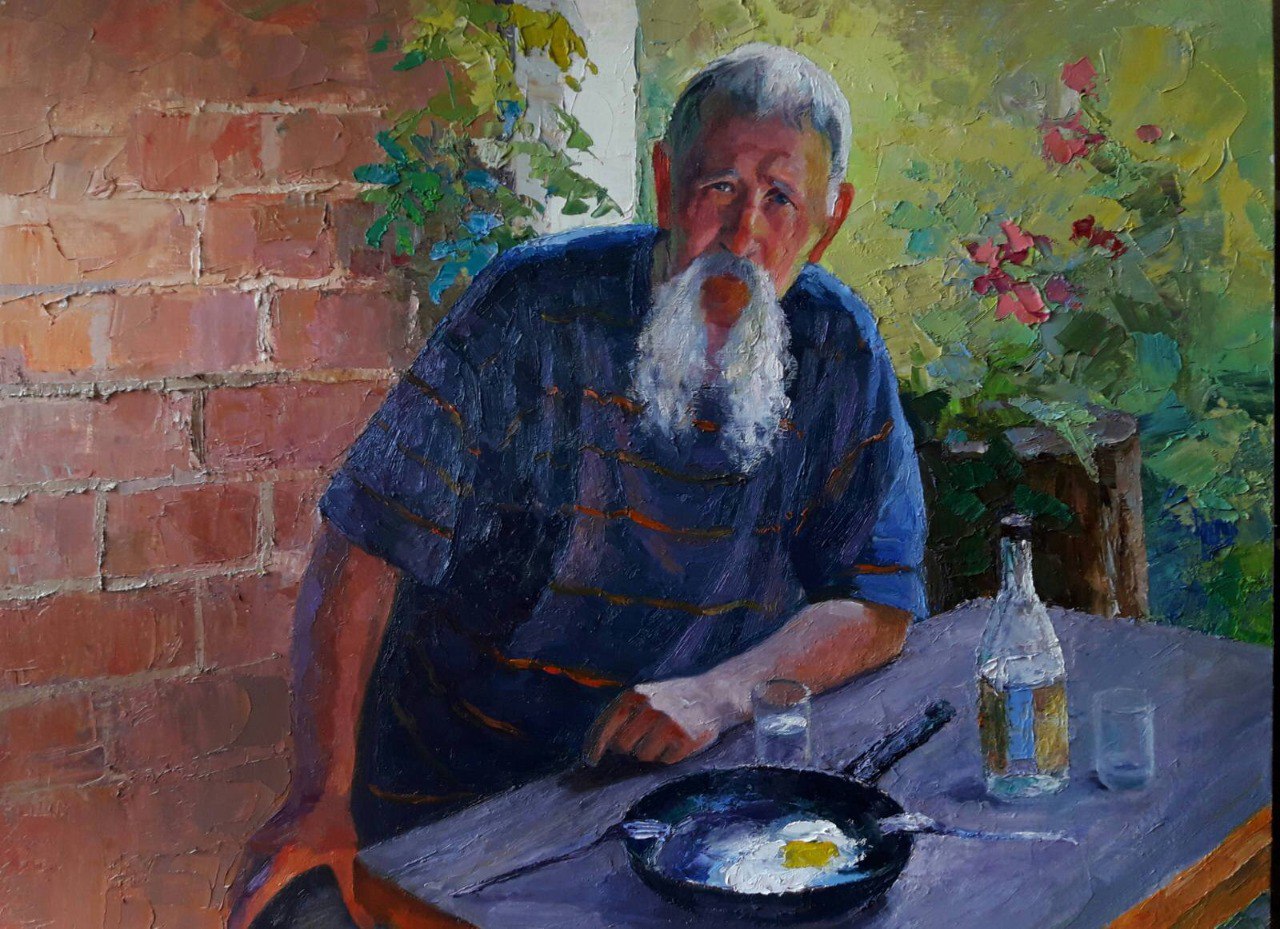 Oil painting of elderly bearded man in blue shirt at table, custom portrait