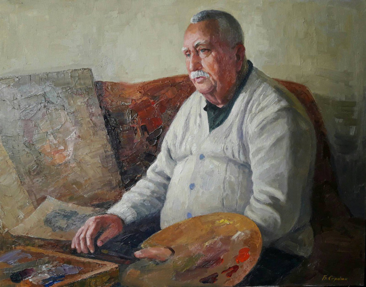 Elderly man with white mustache painting at easel in custom portrait
