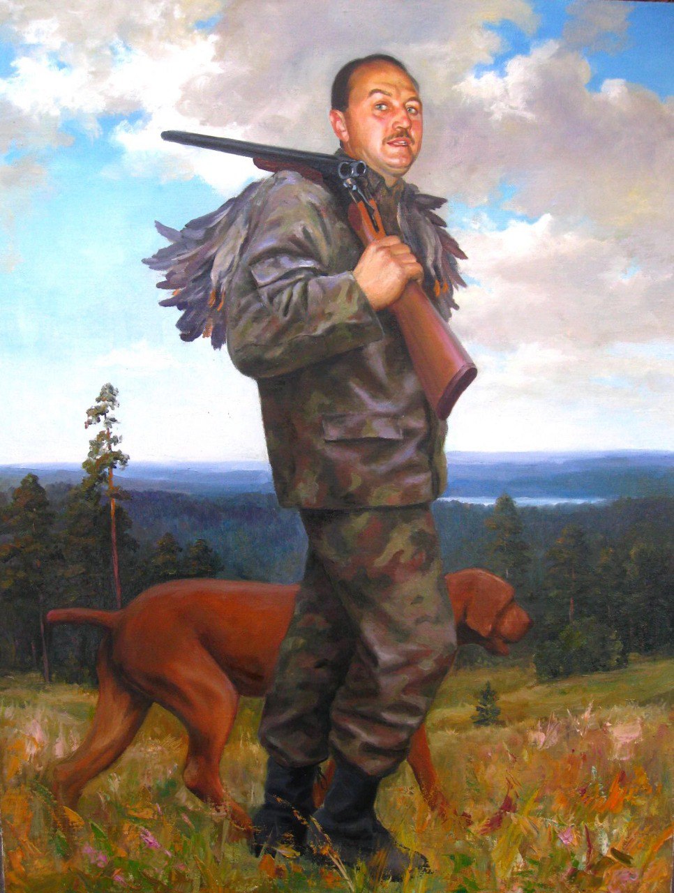 Man with shotgun and hunting dog in custom portrait by Super Professional Artist