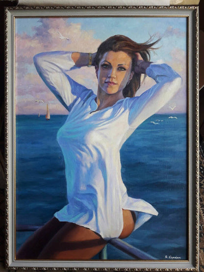 Framed oil painting of woman in white blouse by ocean, Custom Portrait by Super Professional Artist