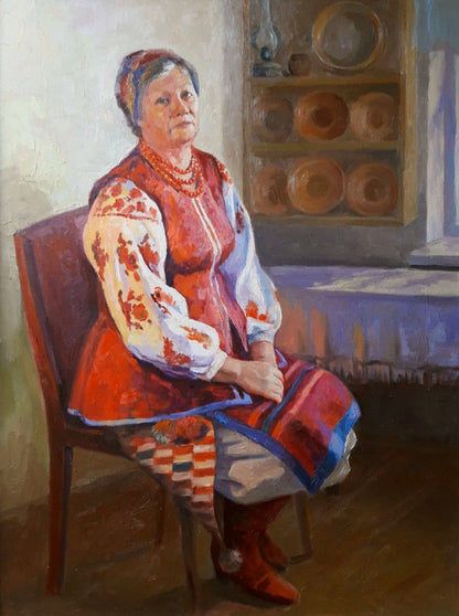 Woman in embroidered red white blouse and skirt, custom portrait by Super Professional Artist