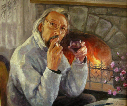 Custom portrait oil painting of elderly man by fireplace with red wine