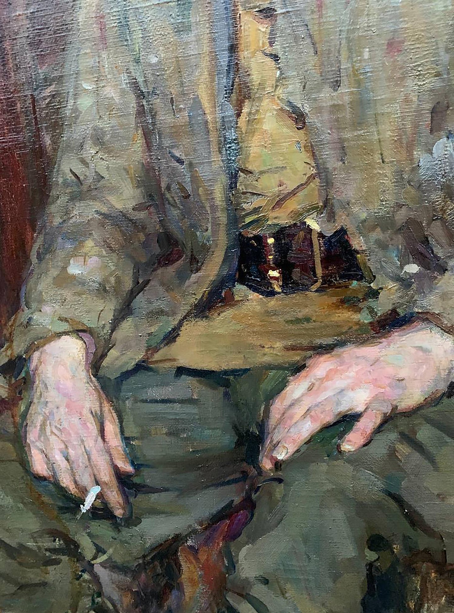 Oil painting Memories of the War by Prus Viktor Nikolaevich, textured earth-toned hands and torso