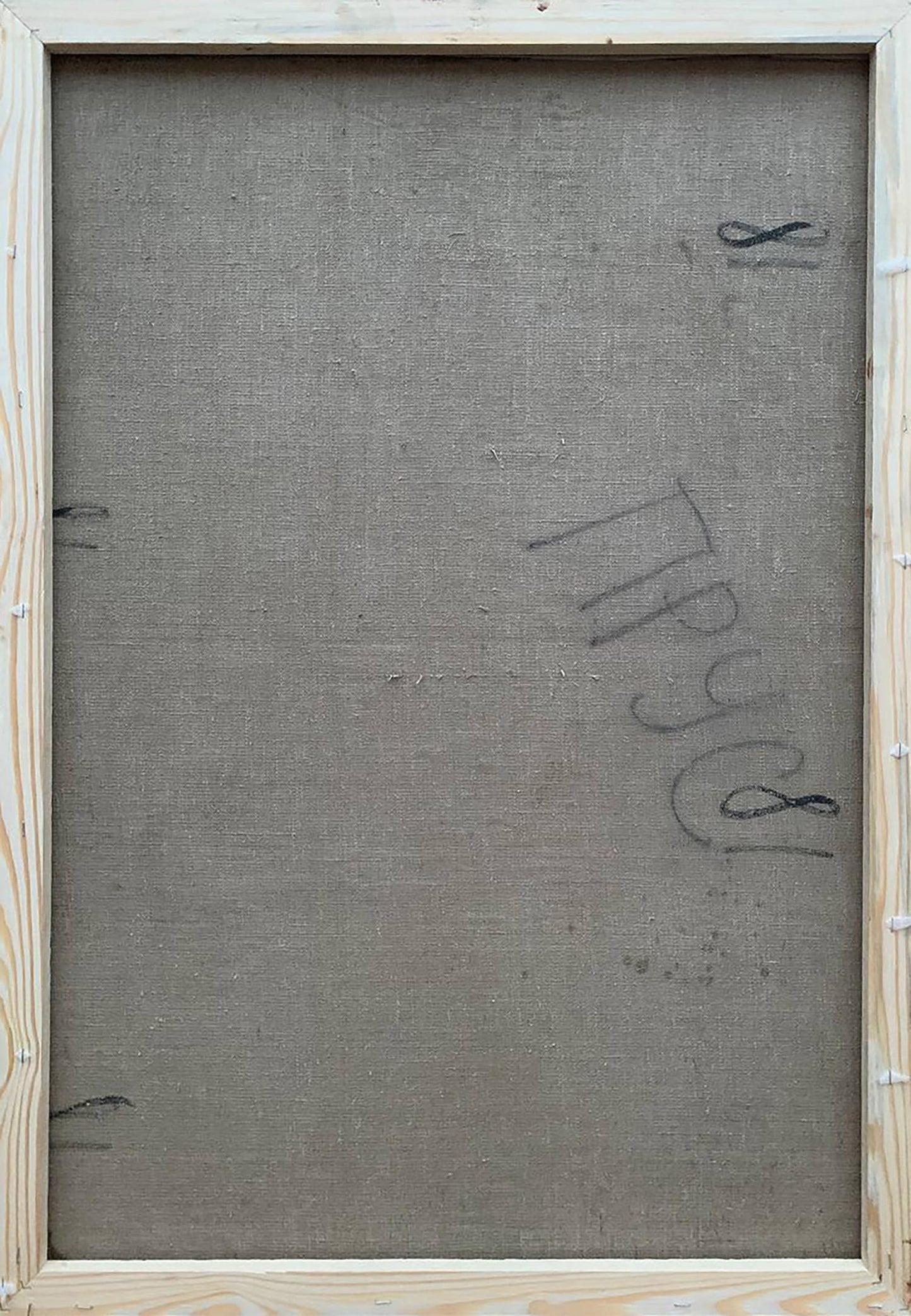 Back of framed Oil painting Memories of the War by Prus Viktor Nikolaevich with gray linen and pencil markings