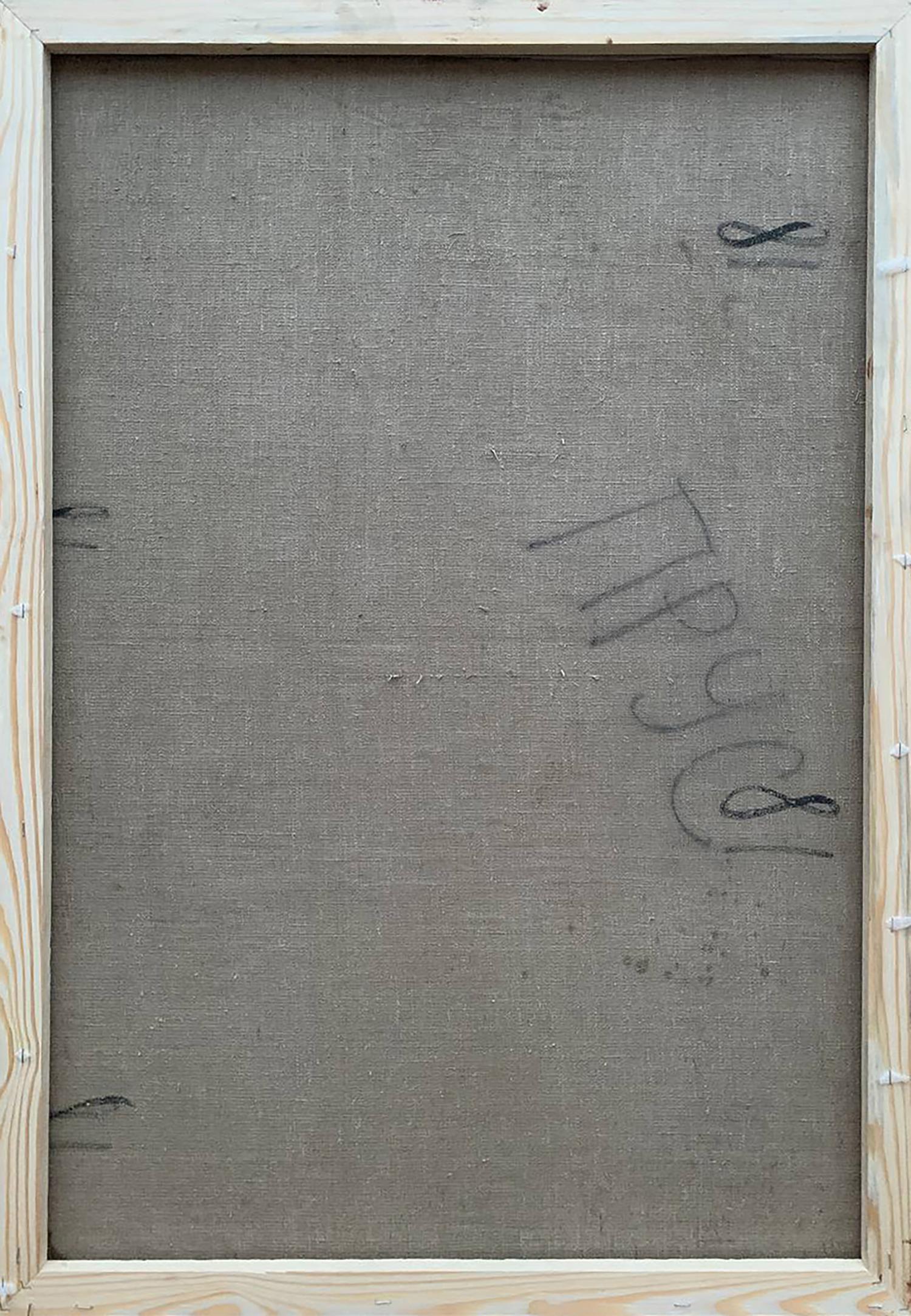 Back of framed Oil painting Memories of the War by Prus Viktor Nikolaevich with gray linen and pencil markings