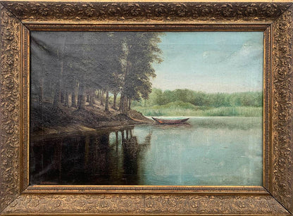 Ornate gold-framed oil painting by Voronkov of serene lakeside with boat