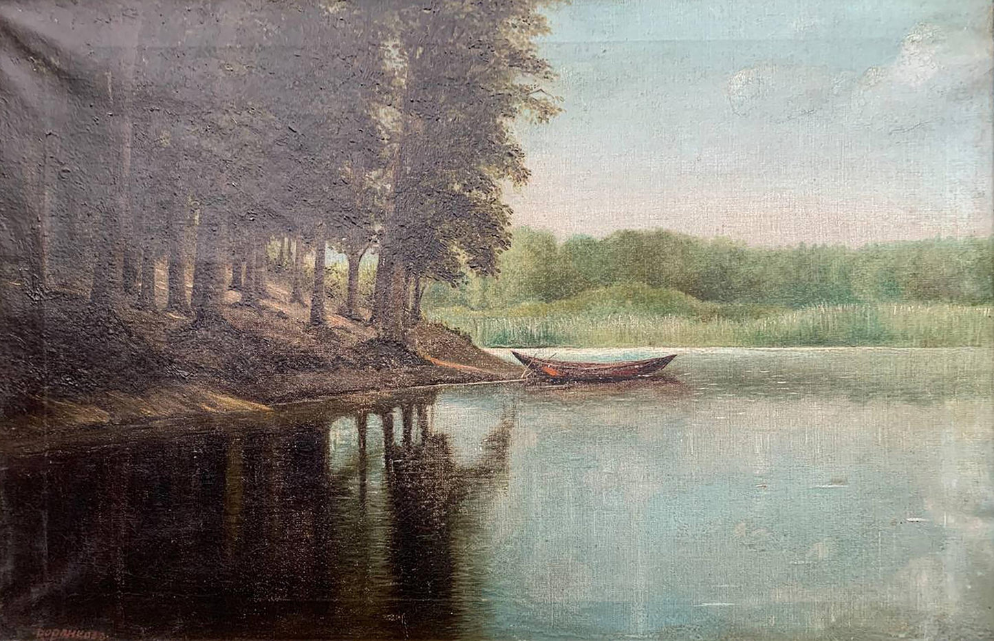Oil painting by the river Voronkov: rustic rowboat on calm water by shore